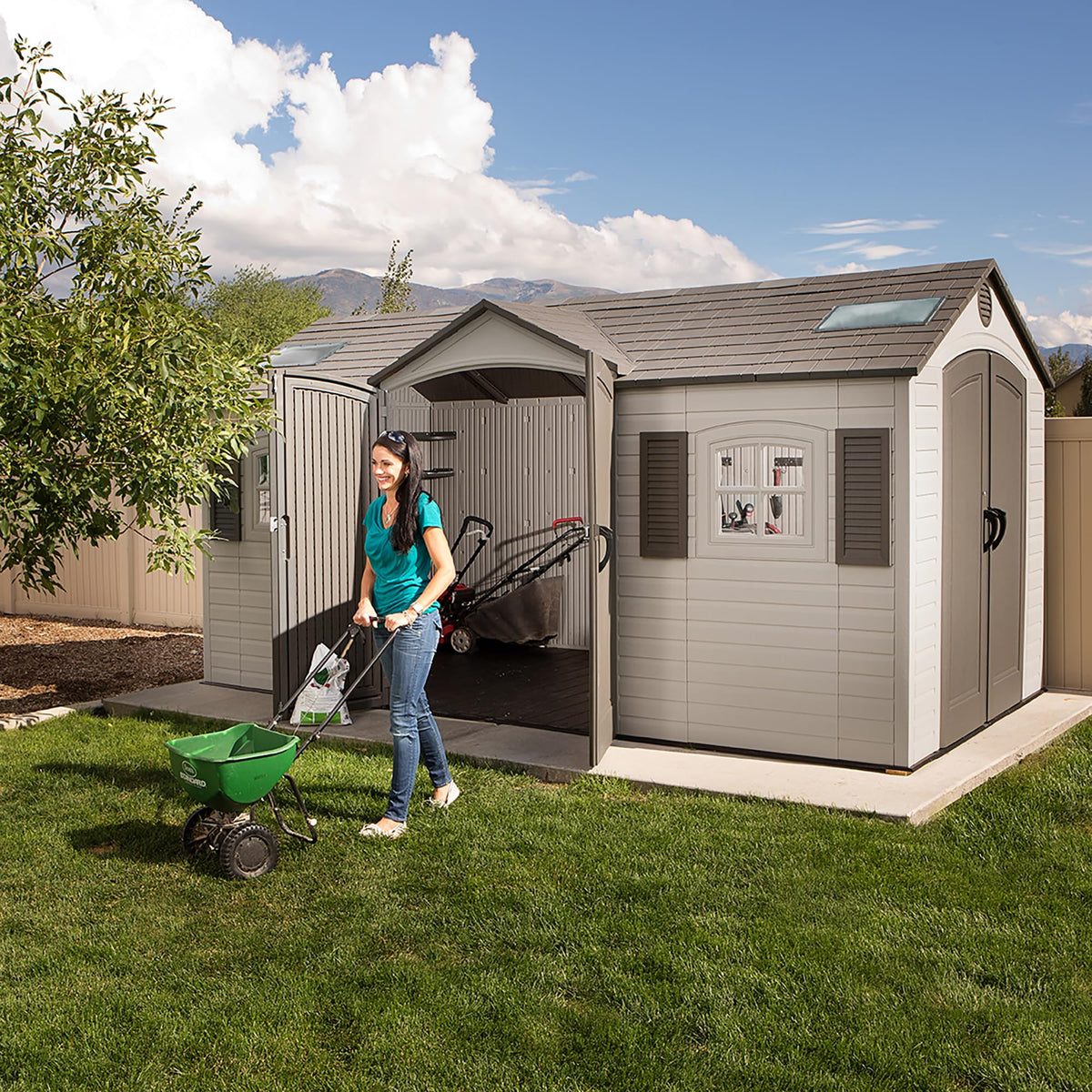 Lifetime 15×8 Ft Dual‑Entry Outdoor Storage Shed, Steel‑Reinforced, UV‑Protected, Weather‑Resistant Backyard Garden Shed with Skylights, Windows & Shelving, Desert Sand
