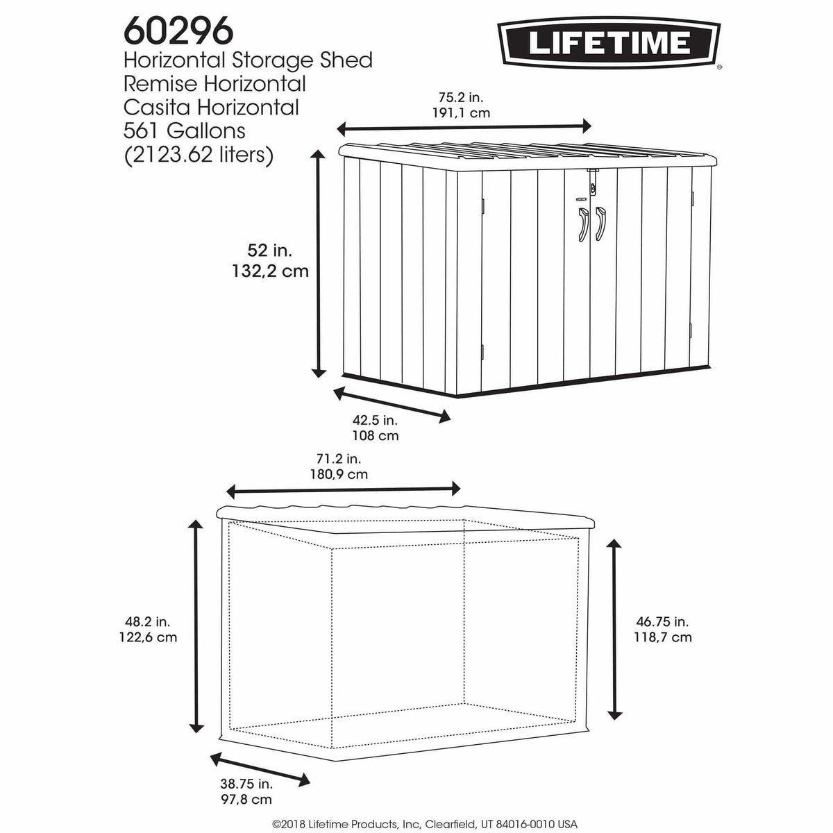 LIFETIME Horizontal Outdoor Storage Shed, Weather Resistant Resin Storage Can Fit Two Large Garbage Cans, Lockable Doors, Spring‑Hinge Lid, Low‑Maintenance Backyard Utility Shed
