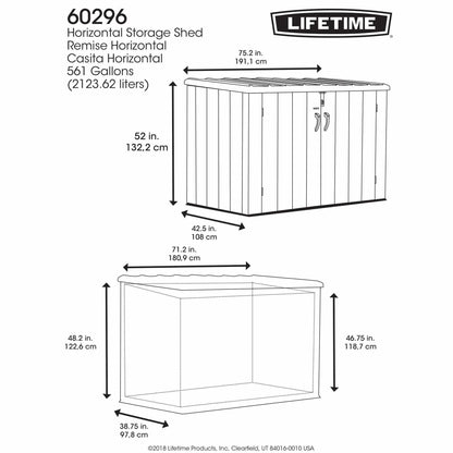 LIFETIME Horizontal Outdoor Storage Shed, Weather Resistant Resin Storage Can Fit Two Large Garbage Cans, Lockable Doors, Spring‑Hinge Lid, Low‑Maintenance Backyard Utility Shed