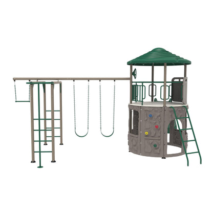 Lifetime Adventure Tower Deluxe Swing Set Playset Lifetime Adventure Tower, Covered Clubhouse, 9 ft Wavy Slide, Monkey Bars, Climbing Wall, Fireman’s Pole, Belt Swings & Trapeze