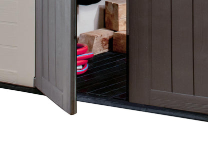 Keter Factor (8x6 ft) Large Resin Outdoor Storage Shed for Patio Furniture, Lawn Mower, Garden Accessories Yard Tools, and Pool Toys, Taupe