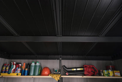 Keter Artisan 11x7 Modern Resin Outdoor Storage Shed Kit-Perfect to Store Patio Furniture, Garden Tools Bike Accessories, Beach Chairs and Lawn Mower, Grey & Black