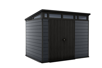 Keter Cortina 9x7 Ft All-Weather Storage Shed with Skylight, Window, Built-in Ventilation, Customizable Walls, & Lockable Double Doors, Graphite
