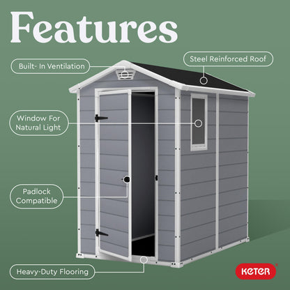 Keter Manor 4x6 Resin Outdoor Storage Shed Kit-Perfect to Store Patio Furniture, Garden Tools Bike Accessories, Beach Chairs and Lawn Mower, Grey & White