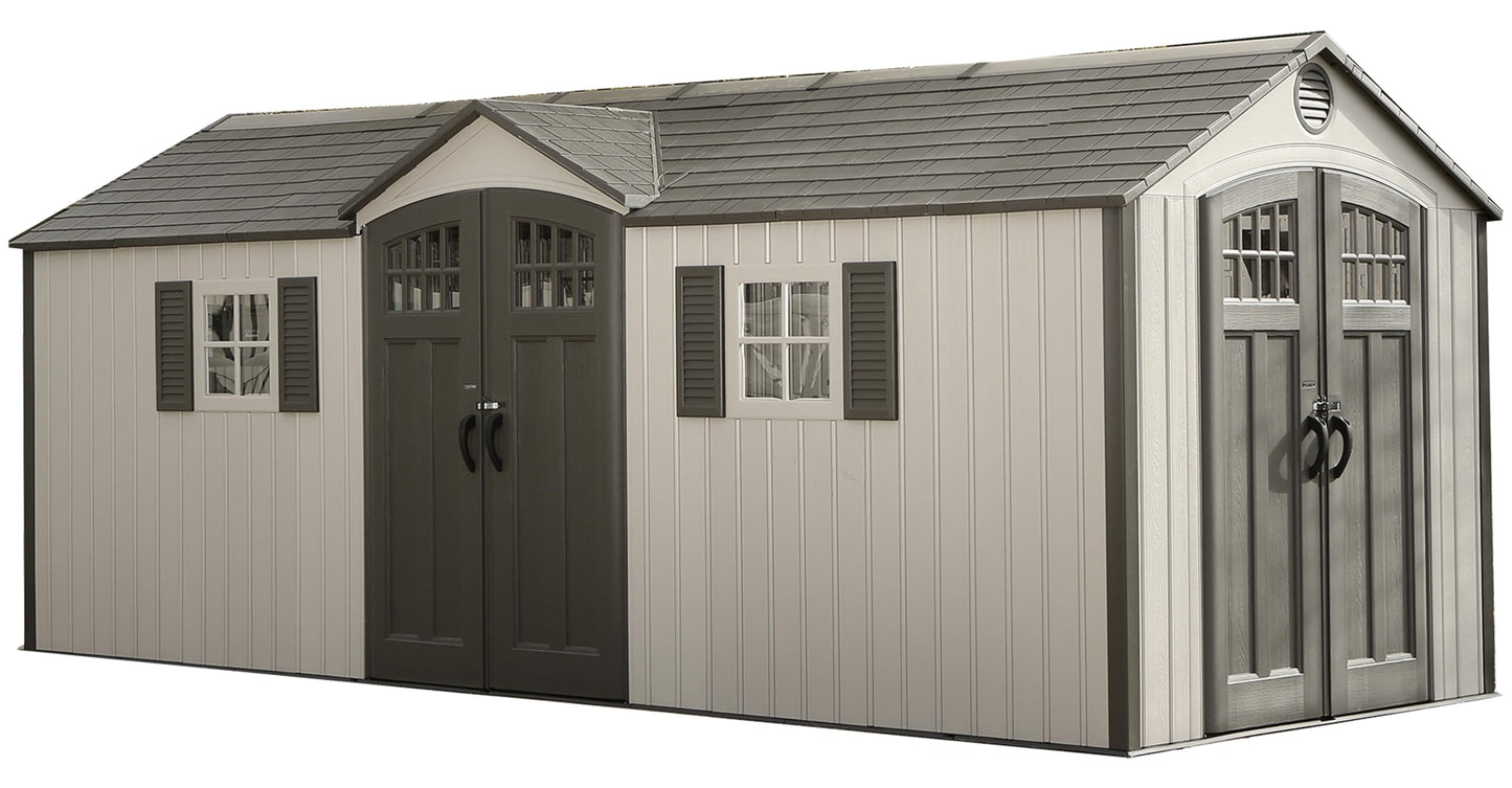 Lifetime 20 x 8 Ft. Outdoor Storage Shed with Steel Reinforced HDPE Walls, Lockable Doors, Windows, Skylights, Adjustable Shelving, Slip‑Resistant Floor, UV‑Protected Backyard Shed