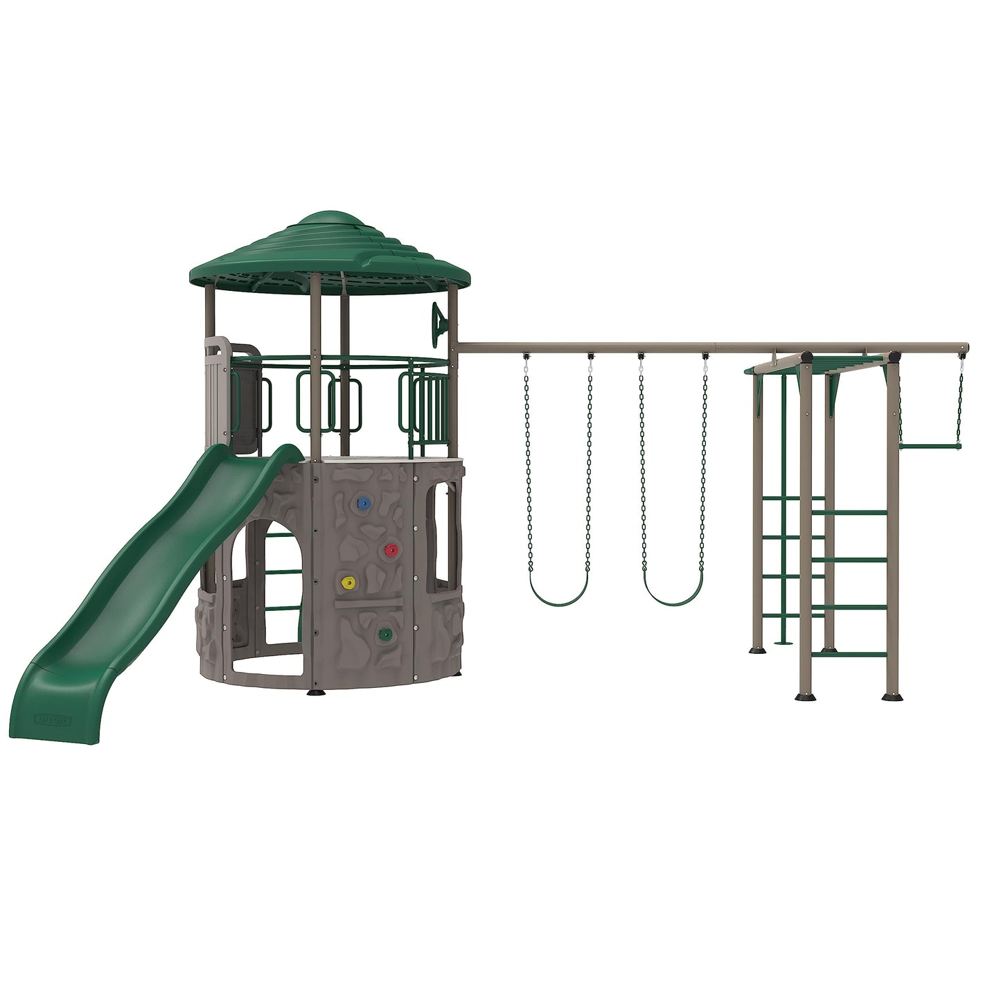 Lifetime Adventure Tower Deluxe Swing Set Playset Lifetime Adventure Tower, Covered Clubhouse, 9 ft Wavy Slide, Monkey Bars, Climbing Wall, Fireman’s Pole, Belt Swings & Trapeze