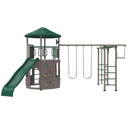 Lifetime Adventure Tower Deluxe Swing Set Playset Lifetime Adventure Tower, Covered Clubhouse, 9 ft Wavy Slide, Monkey Bars, Climbing Wall, Fireman’s Pole, Belt Swings & Trapeze