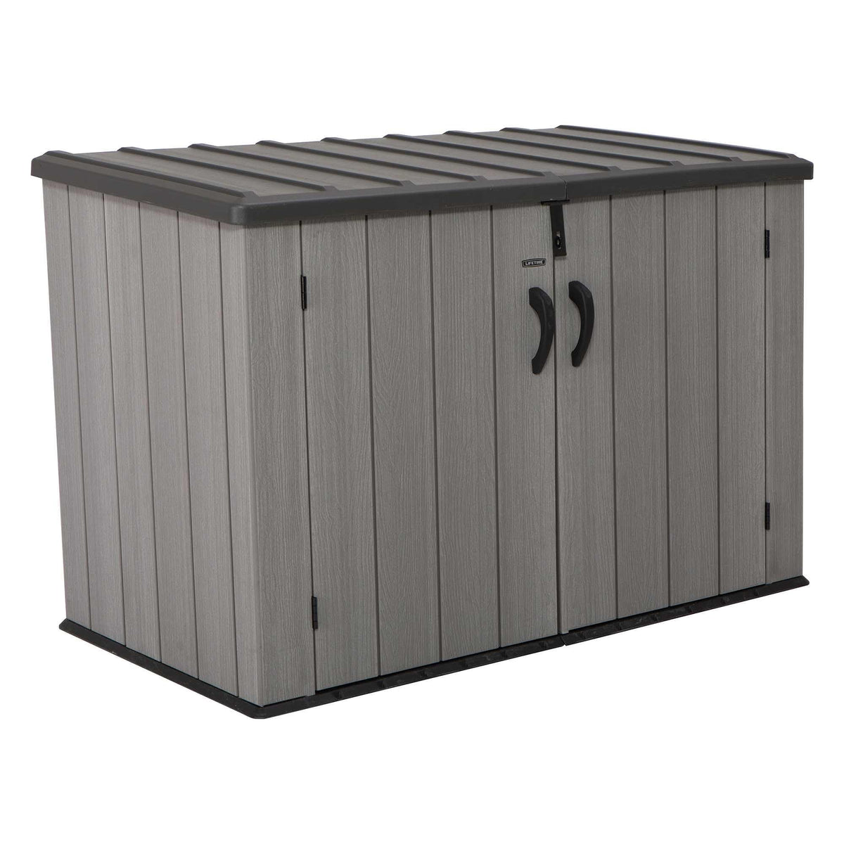 LIFETIME Horizontal Outdoor Storage Shed, Weather Resistant Resin Storage Can Fit Two Large Garbage Cans, Lockable Doors, Spring‑Hinge Lid, Low‑Maintenance Backyard Utility Shed