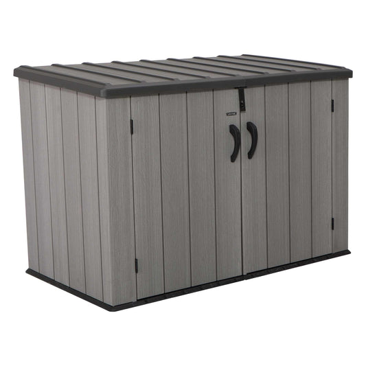 LIFETIME Horizontal Outdoor Storage Shed, Weather Resistant Resin Storage Can Fit Two Large Garbage Cans, Lockable Doors, Spring‑Hinge Lid, Low‑Maintenance Backyard Utility Shed
