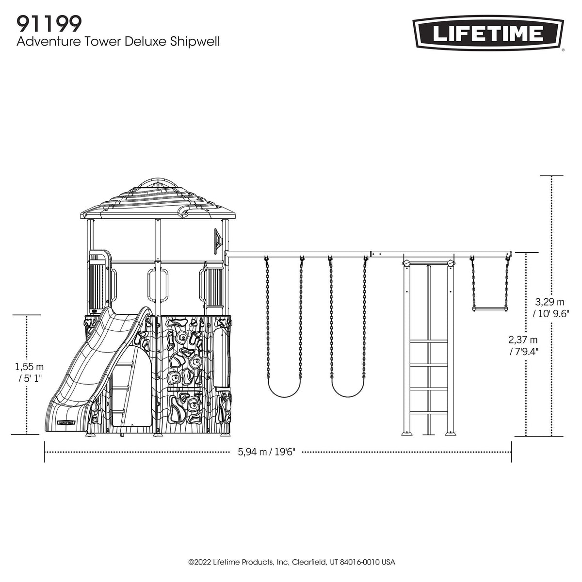 Lifetime Adventure Tower Deluxe Swing Set Playset Lifetime Adventure Tower, Covered Clubhouse, 9 ft Wavy Slide, Monkey Bars, Climbing Wall, Fireman’s Pole, Belt Swings & Trapeze