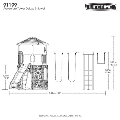 Lifetime Adventure Tower Deluxe Swing Set Playset Lifetime Adventure Tower, Covered Clubhouse, 9 ft Wavy Slide, Monkey Bars, Climbing Wall, Fireman’s Pole, Belt Swings & Trapeze