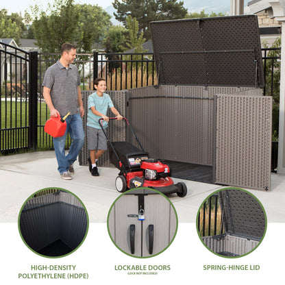 LIFETIME Horizontal Outdoor Storage Shed, Weather Resistant Resin Storage Can Fit Two Large Garbage Cans, Lockable Doors, Spring‑Hinge Lid, Low‑Maintenance Backyard Utility Shed