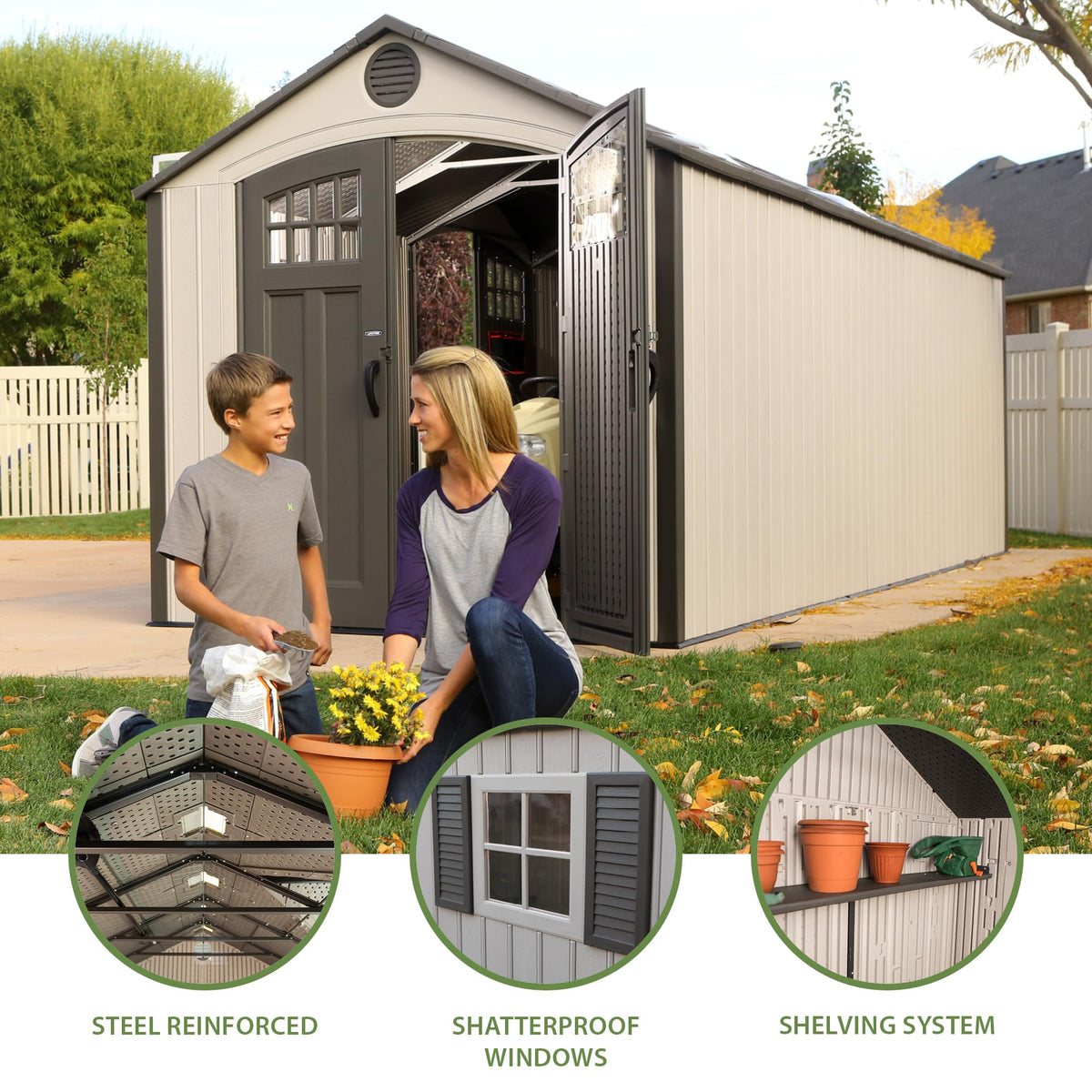 Lifetime 20 x 8 Ft. Outdoor Storage Shed with Steel Reinforced HDPE Walls, Lockable Doors, Windows, Skylights, Adjustable Shelving, Slip‑Resistant Floor, UV‑Protected Backyard Shed