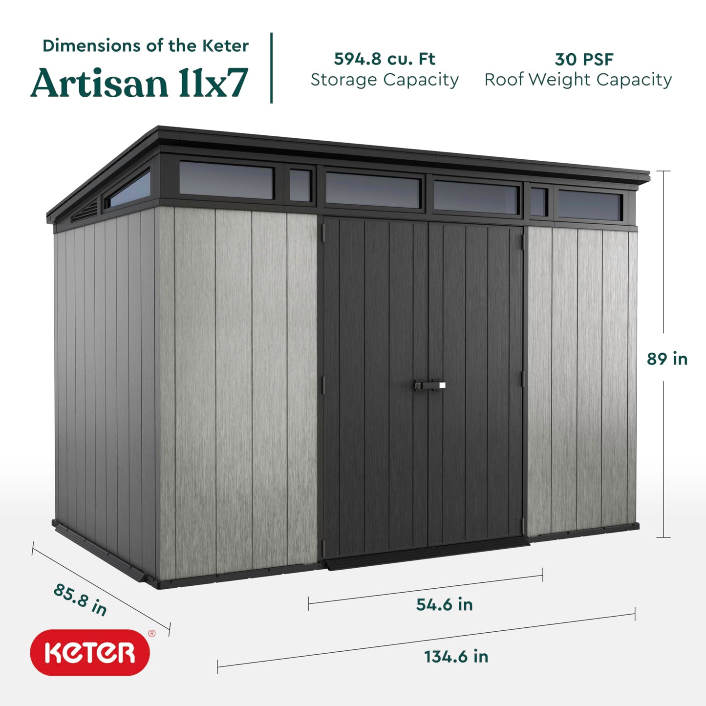 Keter Artisan 11x7 Modern Resin Outdoor Storage Shed Kit-Perfect to Store Patio Furniture, Garden Tools Bike Accessories, Beach Chairs and Lawn Mower, Grey & Black