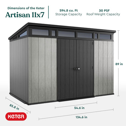 Keter Artisan 11x7 Modern Resin Outdoor Storage Shed Kit-Perfect to Store Patio Furniture, Garden Tools Bike Accessories, Beach Chairs and Lawn Mower, Grey & Black