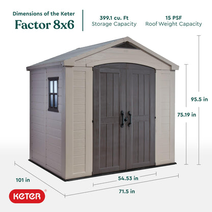 Keter Factor (8x6 ft) Large Resin Outdoor Storage Shed for Patio Furniture, Lawn Mower, Garden Accessories Yard Tools, and Pool Toys, Taupe