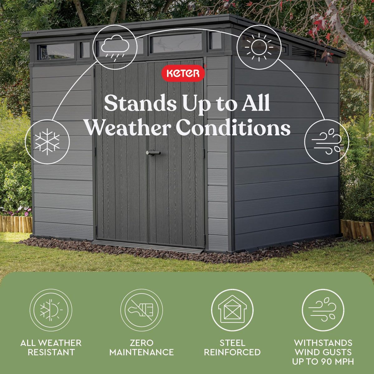 Keter Cortina 9x7 Ft All-Weather Storage Shed with Skylight, Window, Built-in Ventilation, Customizable Walls, & Lockable Double Doors, Graphite