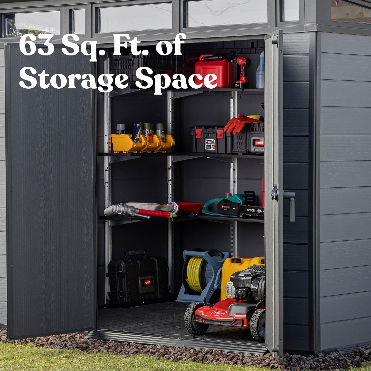 Keter Cortina 9x7 Ft All-Weather Storage Shed with Skylight, Window, Built-in Ventilation, Customizable Walls, & Lockable Double Doors, Graphite