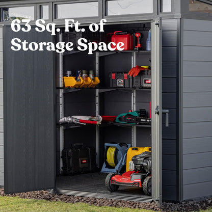 Keter Cortina 9x7 Ft All-Weather Storage Shed with Skylight, Window, Built-in Ventilation, Customizable Walls, & Lockable Double Doors, Graphite