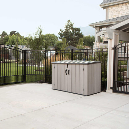 LIFETIME Horizontal Outdoor Storage Shed, Weather Resistant Resin Storage Can Fit Two Large Garbage Cans, Lockable Doors, Spring‑Hinge Lid, Low‑Maintenance Backyard Utility Shed