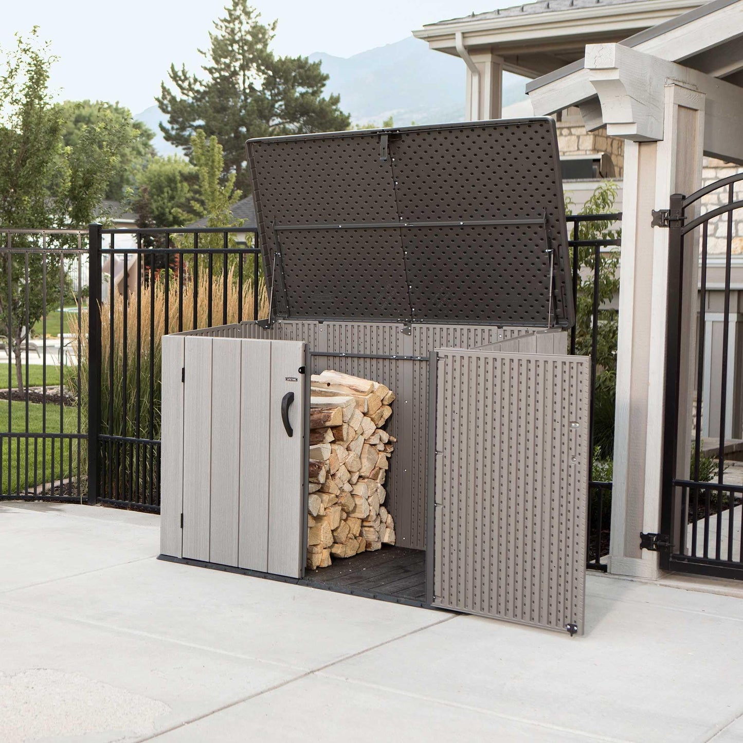 LIFETIME Horizontal Outdoor Storage Shed, Weather Resistant Resin Storage Can Fit Two Large Garbage Cans, Lockable Doors, Spring‑Hinge Lid, Low‑Maintenance Backyard Utility Shed