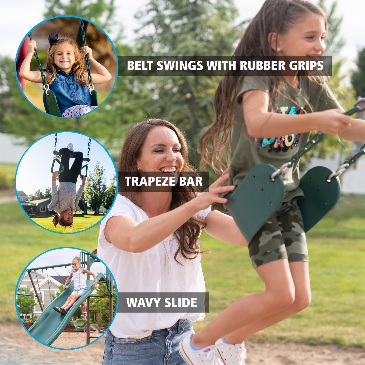 Lifetime Adventure Tower Deluxe Swing Set Playset Lifetime Adventure Tower, Covered Clubhouse, 9 ft Wavy Slide, Monkey Bars, Climbing Wall, Fireman’s Pole, Belt Swings & Trapeze