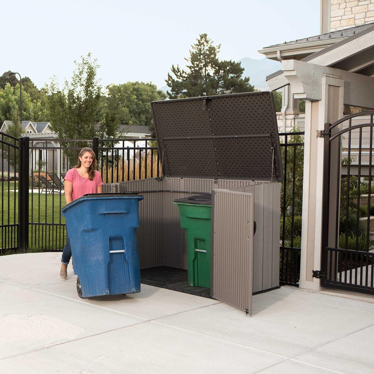 LIFETIME Horizontal Outdoor Storage Shed, Weather Resistant Resin Storage Can Fit Two Large Garbage Cans, Lockable Doors, Spring‑Hinge Lid, Low‑Maintenance Backyard Utility Shed