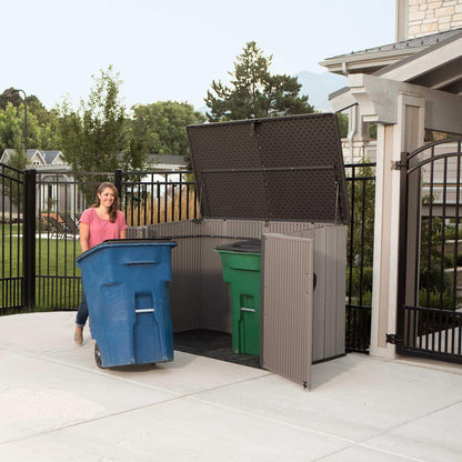 LIFETIME Horizontal Outdoor Storage Shed, Weather Resistant Resin Storage Can Fit Two Large Garbage Cans, Lockable Doors, Spring‑Hinge Lid, Low‑Maintenance Backyard Utility Shed