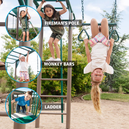 Lifetime Adventure Tower Deluxe Swing Set Playset Lifetime Adventure Tower, Covered Clubhouse, 9 ft Wavy Slide, Monkey Bars, Climbing Wall, Fireman’s Pole, Belt Swings & Trapeze