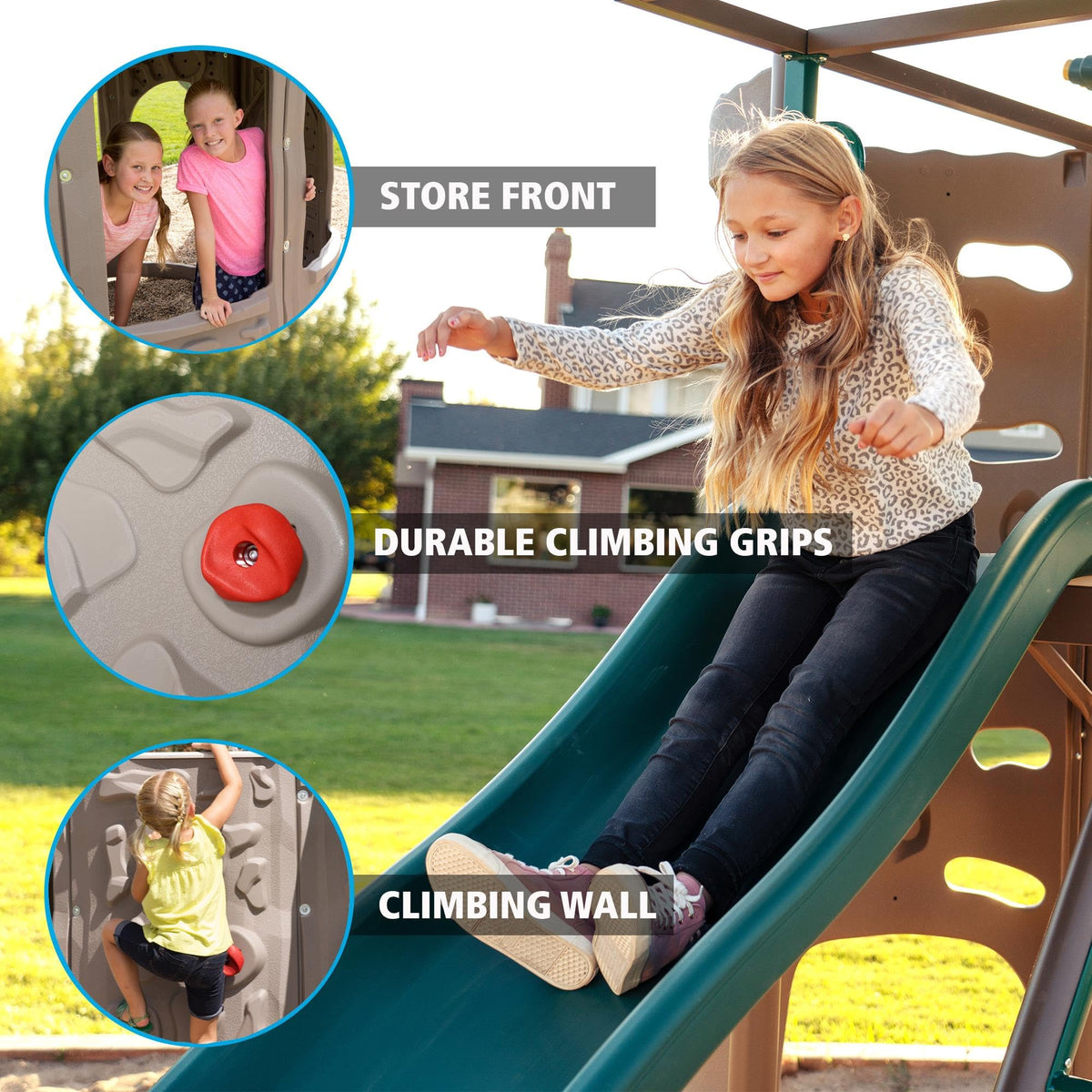 Lifetime Adventure Tower Deluxe Swing Set Playset Lifetime Adventure Tower, Covered Clubhouse, 9 ft Wavy Slide, Monkey Bars, Climbing Wall, Fireman’s Pole, Belt Swings & Trapeze