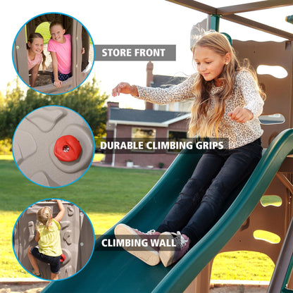 Lifetime Adventure Tower Deluxe Swing Set Playset Lifetime Adventure Tower, Covered Clubhouse, 9 ft Wavy Slide, Monkey Bars, Climbing Wall, Fireman’s Pole, Belt Swings & Trapeze