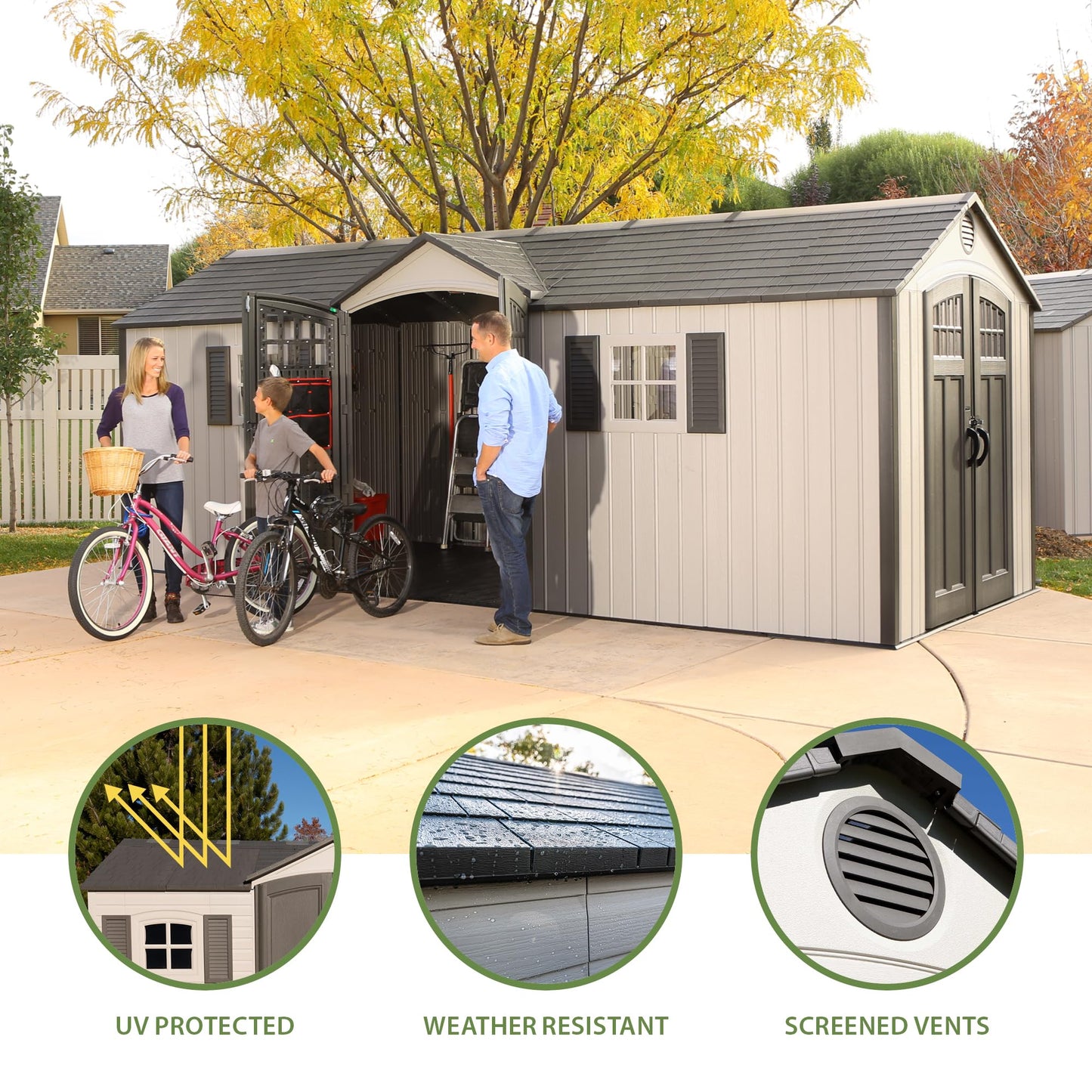 Lifetime 20 x 8 Ft. Outdoor Storage Shed with Steel Reinforced HDPE Walls, Lockable Doors, Windows, Skylights, Adjustable Shelving, Slip‑Resistant Floor, UV‑Protected Backyard Shed
