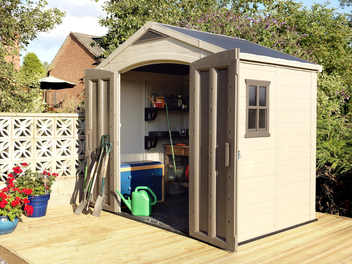 Keter Factor (8x6 ft) Large Resin Outdoor Storage Shed for Patio Furniture, Lawn Mower, Garden Accessories Yard Tools, and Pool Toys, Taupe