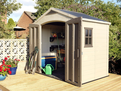 Keter Factor (8x6 ft) Large Resin Outdoor Storage Shed for Patio Furniture, Lawn Mower, Garden Accessories Yard Tools, and Pool Toys, Taupe