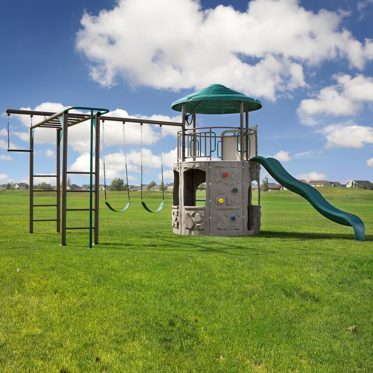 Lifetime Adventure Tower Deluxe Swing Set Playset Lifetime Adventure Tower, Covered Clubhouse, 9 ft Wavy Slide, Monkey Bars, Climbing Wall, Fireman’s Pole, Belt Swings & Trapeze