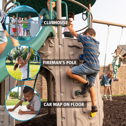 Lifetime Adventure Tower Deluxe Swing Set Playset Lifetime Adventure Tower, Covered Clubhouse, 9 ft Wavy Slide, Monkey Bars, Climbing Wall, Fireman’s Pole, Belt Swings & Trapeze