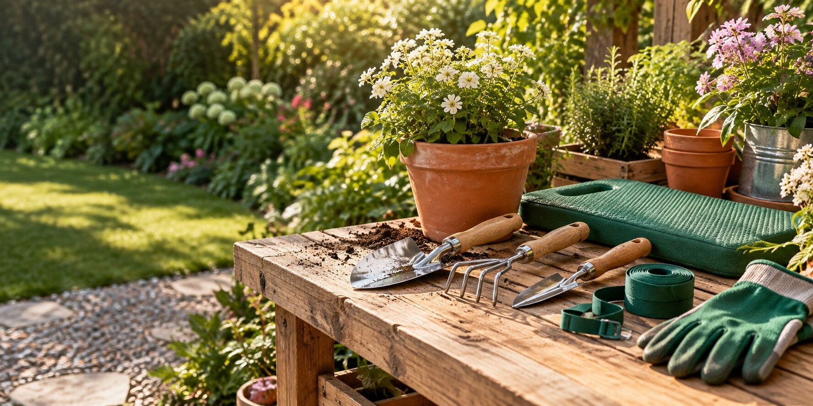 Everyday garden tools arranged at a potting bench