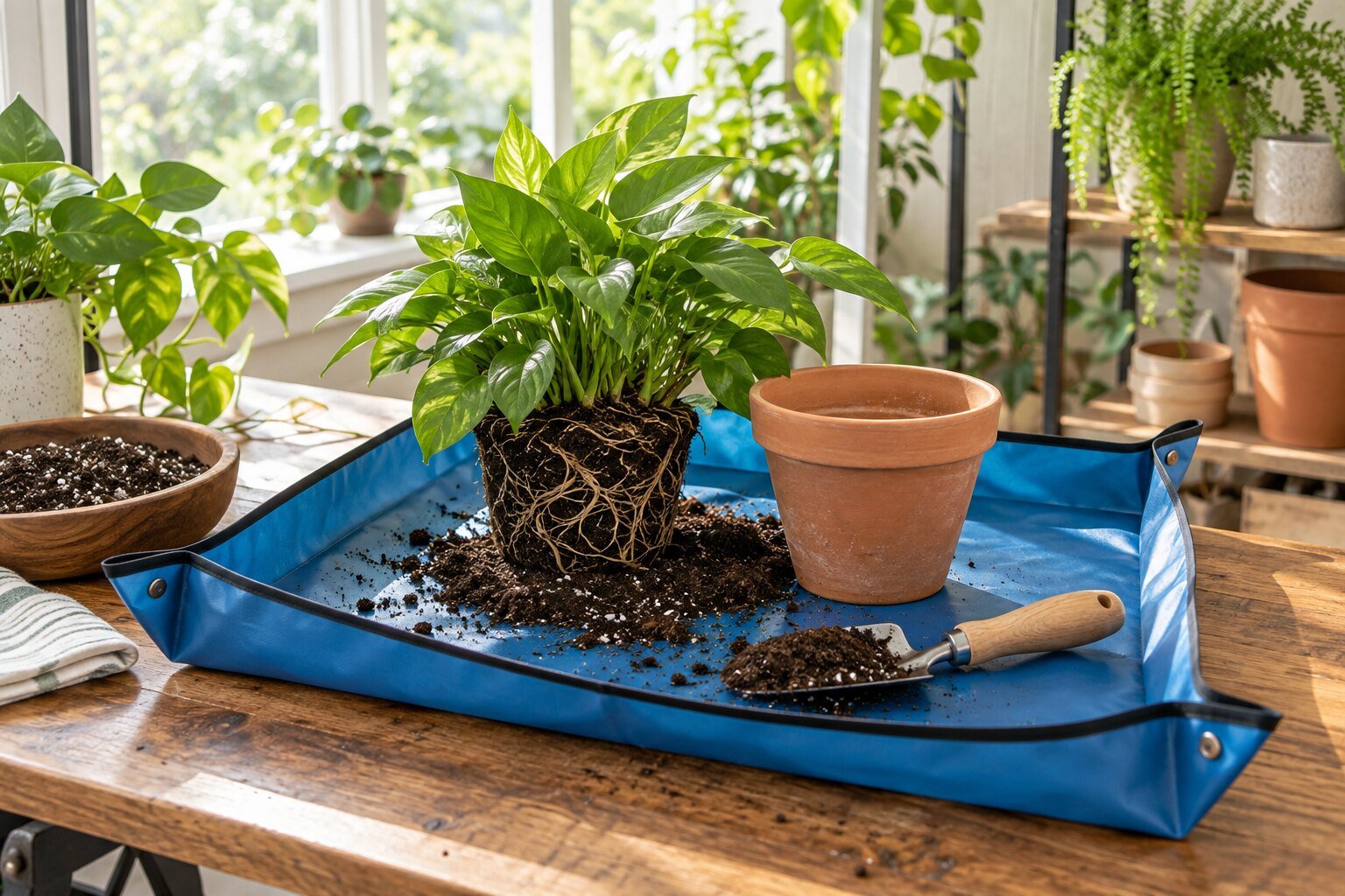 Plant being repotted on a blue waterproof potting mat