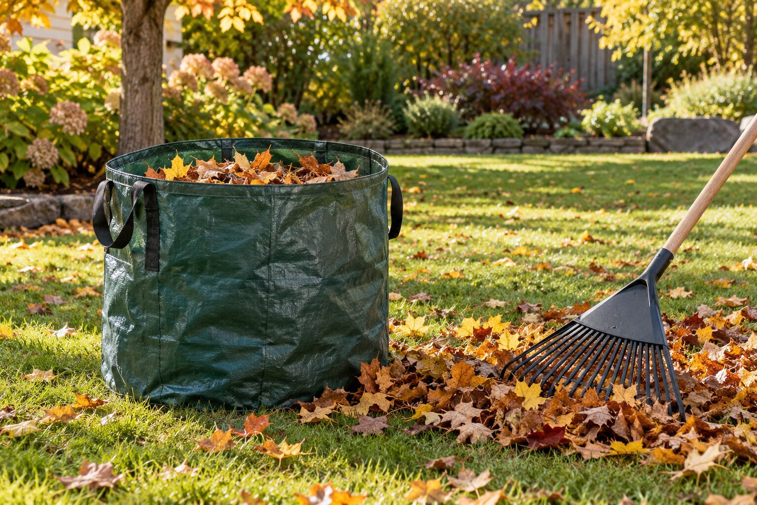 Reusable garden waste bag and rake during leaf cleanup